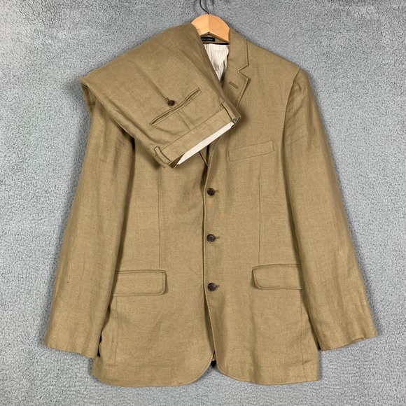 J.Crew Irish Linen 2 Piece Suit 42R Tan Beige Pants 34x34 Formal Wedding